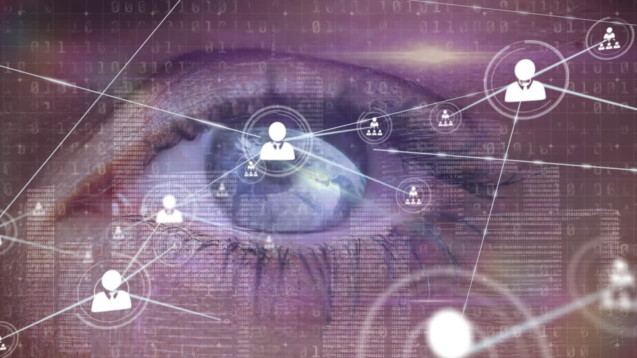 animación de la red de conexiones con iconos y procesamiento de datos sobre el ojo de una mujer caucásica