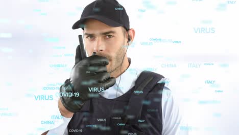 video compuesto digital del virus china italia texto contra hombre hablando por walkie talkie