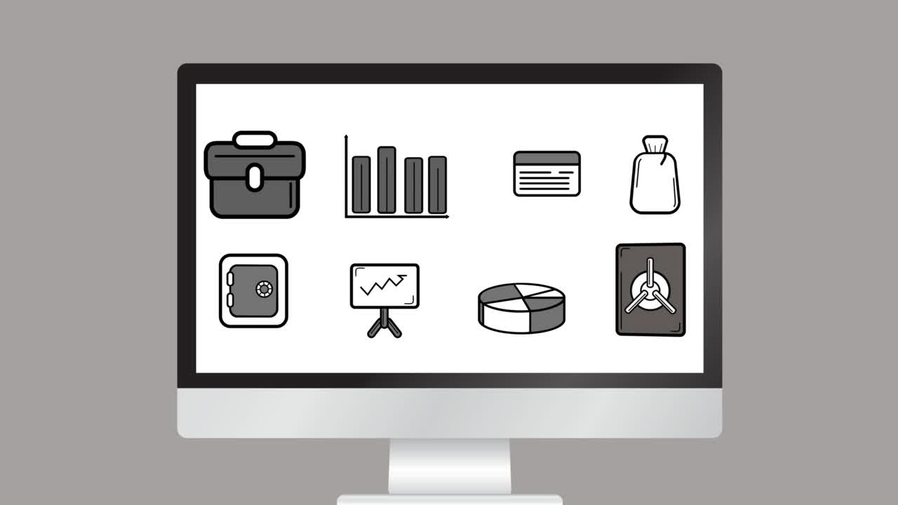 animación de una pantalla de computadora que muestra iconos sociales sobre un fondo blanco