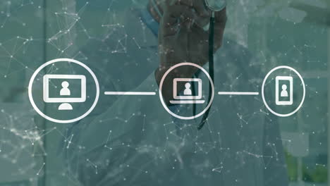 Animation-of-flowchart-and-connected-dots-over-caucasian-man-using-stethoscope-on-camera