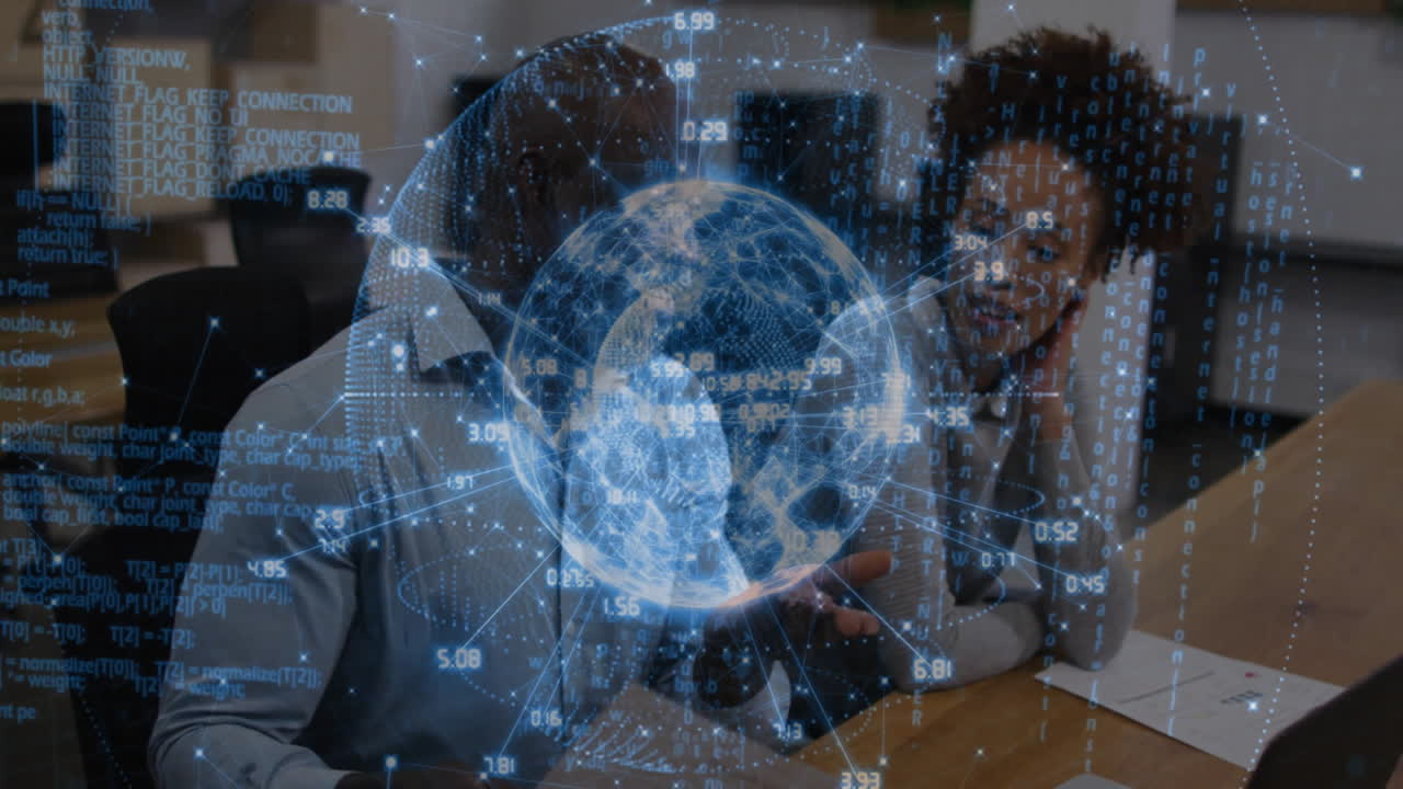 Collaborating in office, diverse professionals using animation with digital globe and data