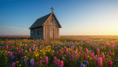 a serene wooden chapel nestled amidst a vibrant field of colorful wildflowers under a clear sunrise sky