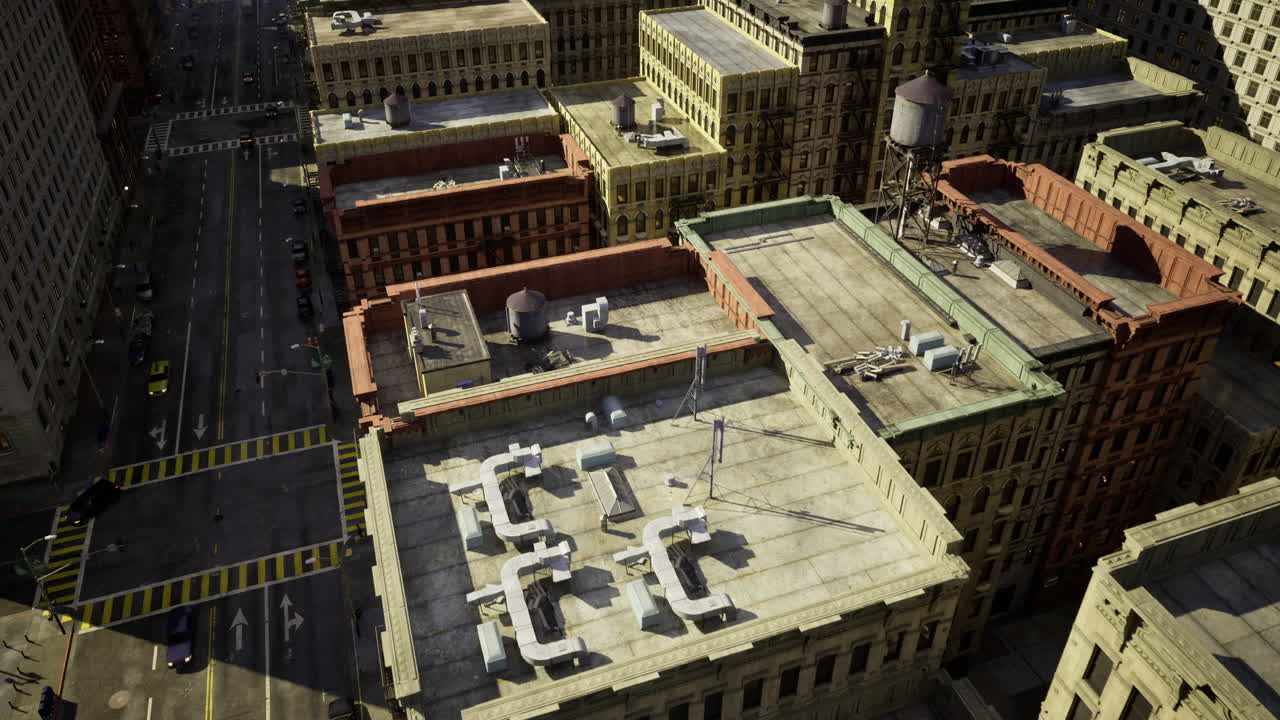 Urban rooftops showcase intricate architectural designs in a bustling city