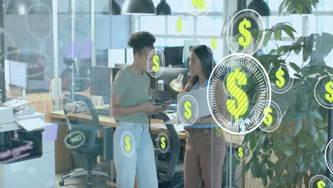 animation of dollar signs and data processing over diverse businesswomen in office