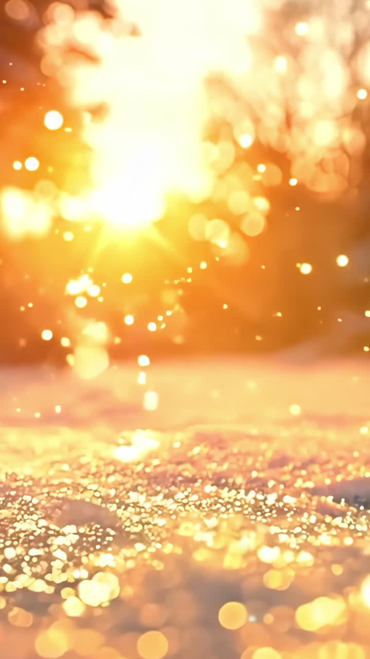 A snow covered field with a bright sun in the background. The sun is shining through the snow and creating a beautiful, serene atmosphere