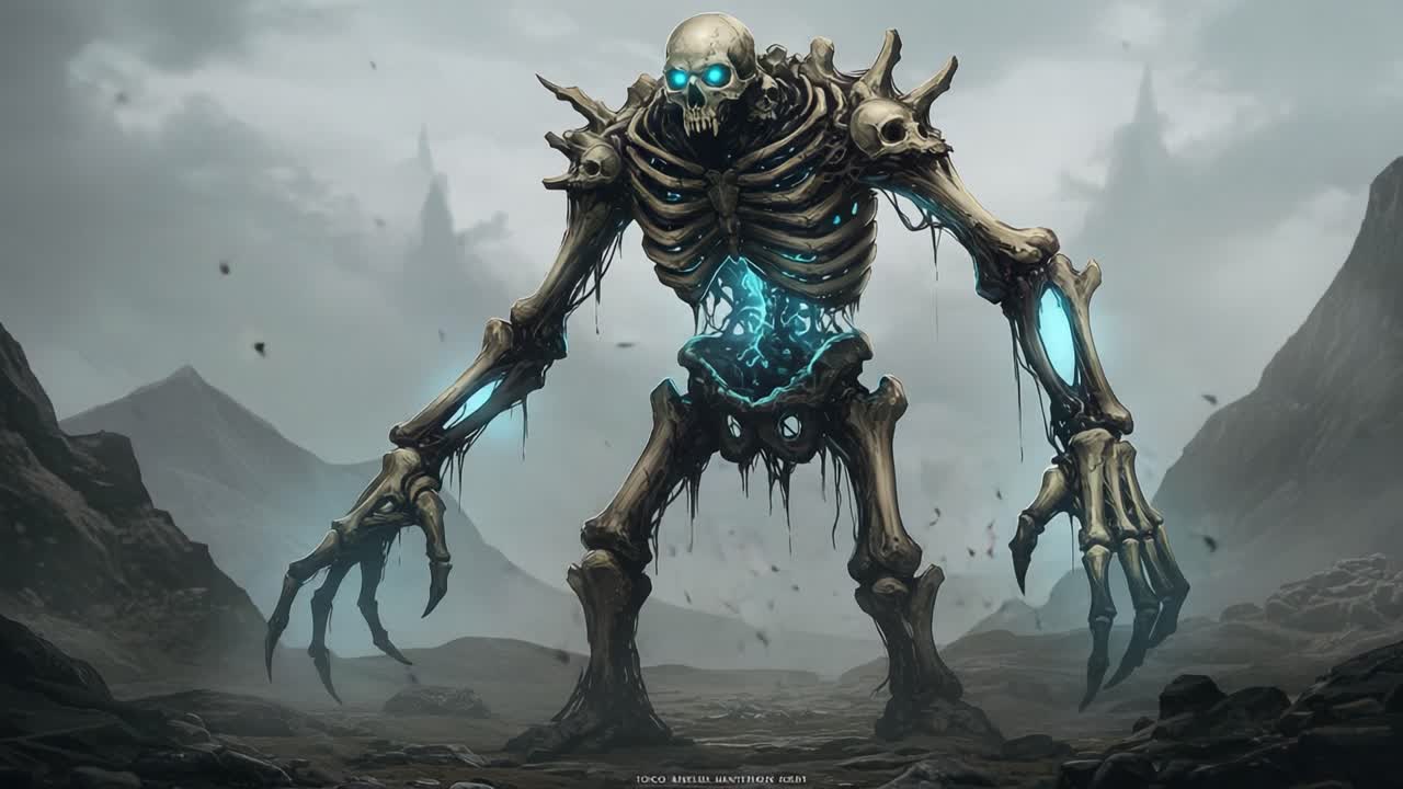 A formidable skeletal creature rises from the misty landscape, its glowing energy illuminating the eerie atmosphere, embodying both terror and intrigue