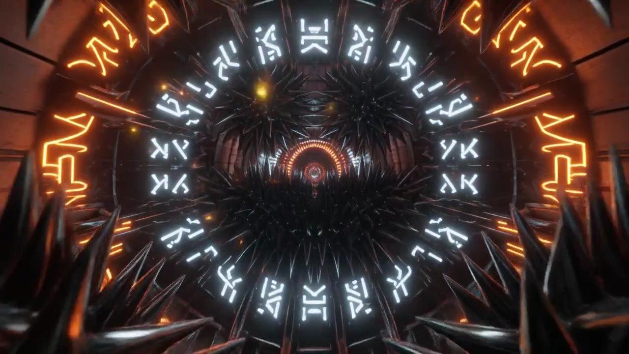 Abstract 3D Tunnel with Spiky Metallic Structures and Glowing Neon Symbols