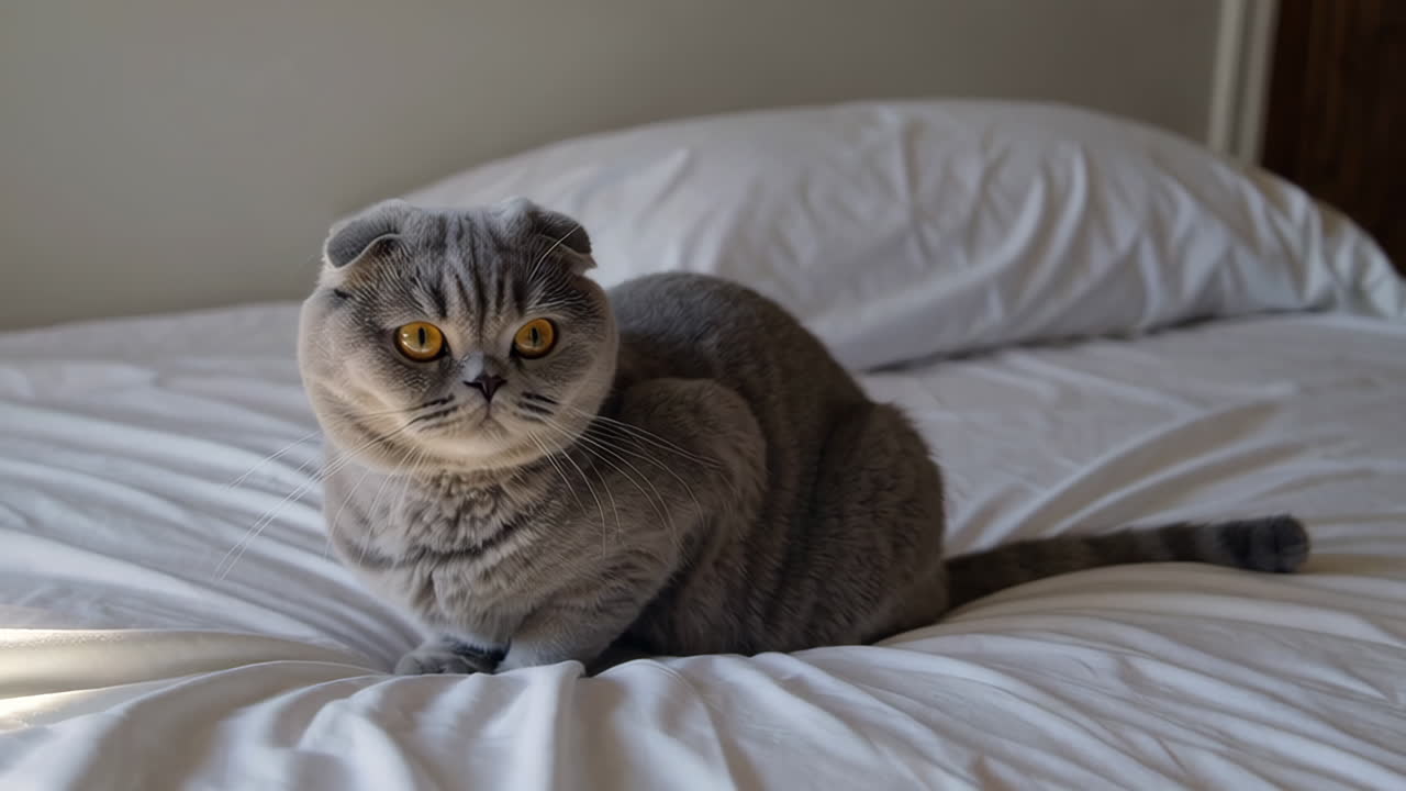 Gray Scottish Fold Cat on a White Bed