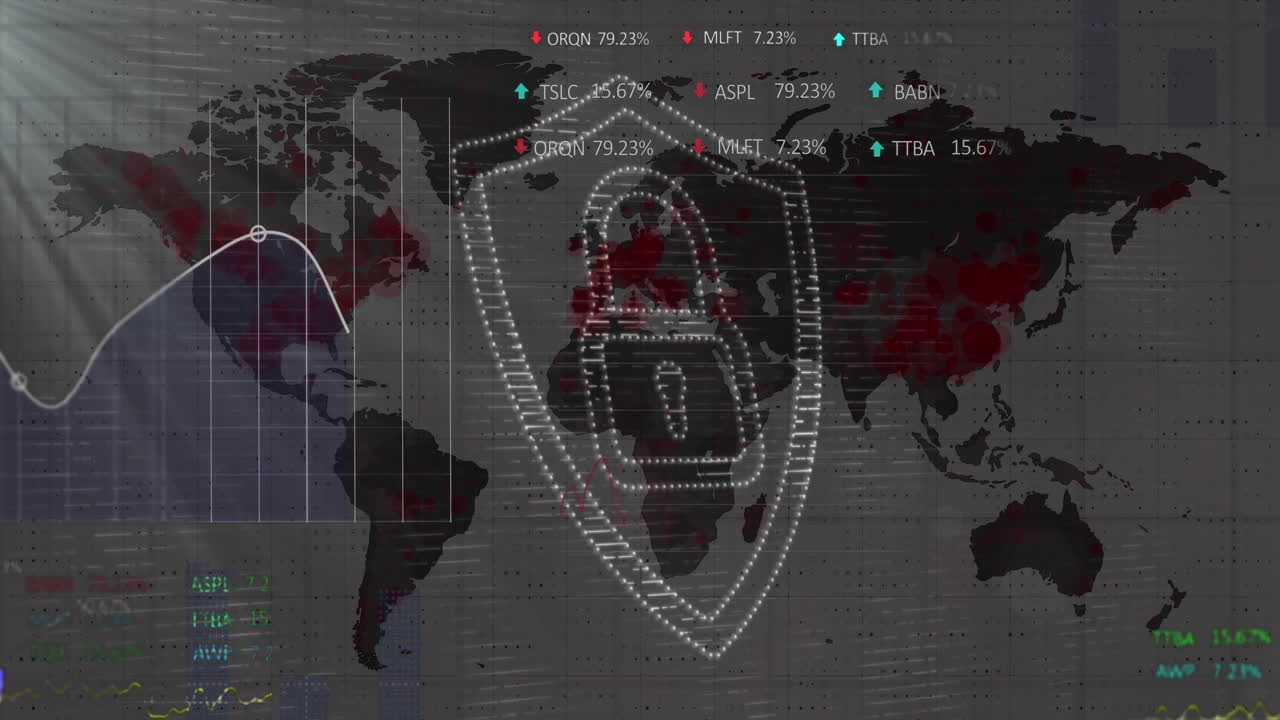 Animation of security padlock, statistical and stock market data processing against world map