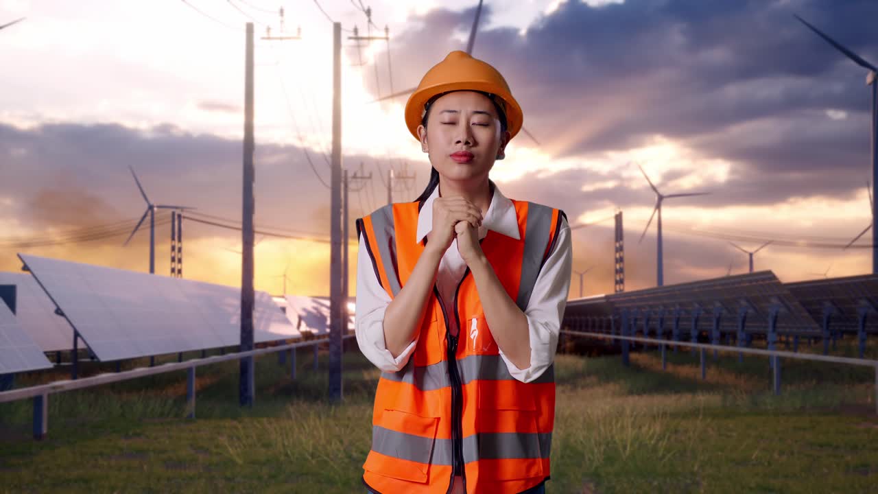 Asian Female Engineer With Safety Helmet Pray For Something With Solar Panel and Wind Turbines
