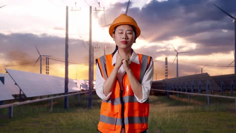 asian female engineer with safety helmet pray for something with solar panel and wind turbines