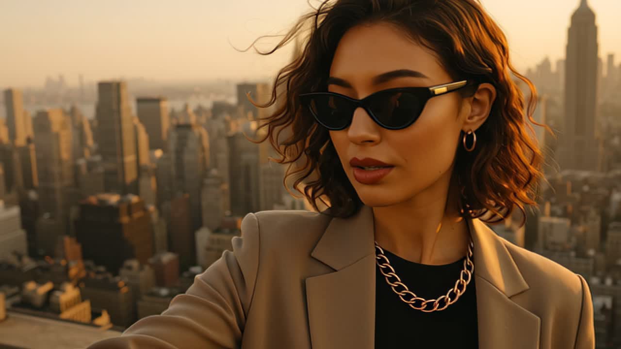 Confident young woman in sunglasses and blazer taking a selfie on a high rooftop terrace at golden hour, with a modern skyscraper skyline in warm evening light behind her, urban lifestyle mood