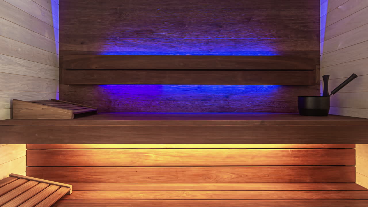 toma de sauna de barril de madera marrón vacía con colores que cambian en el fondo
