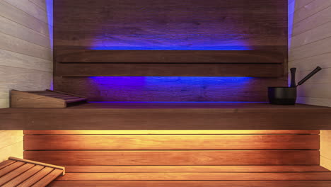 Shot-of-empty-brown-wooden-barrel-sauna-with-colors-changing-in-the-background