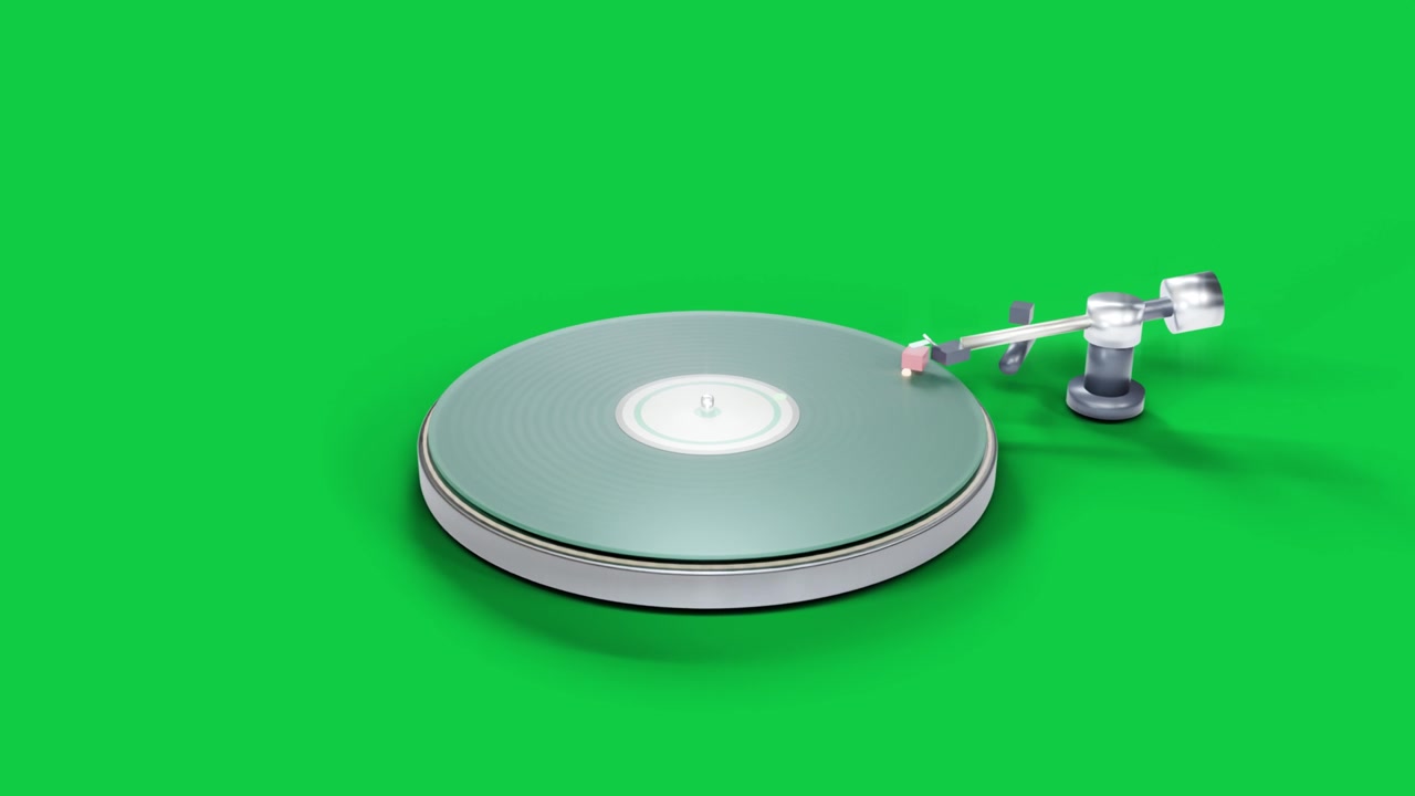 Strøm på, mintfarget plate spinner, tonearm sporer innover, zoomer ut på gjennomsiktig bakgrunn som viser oppsettet