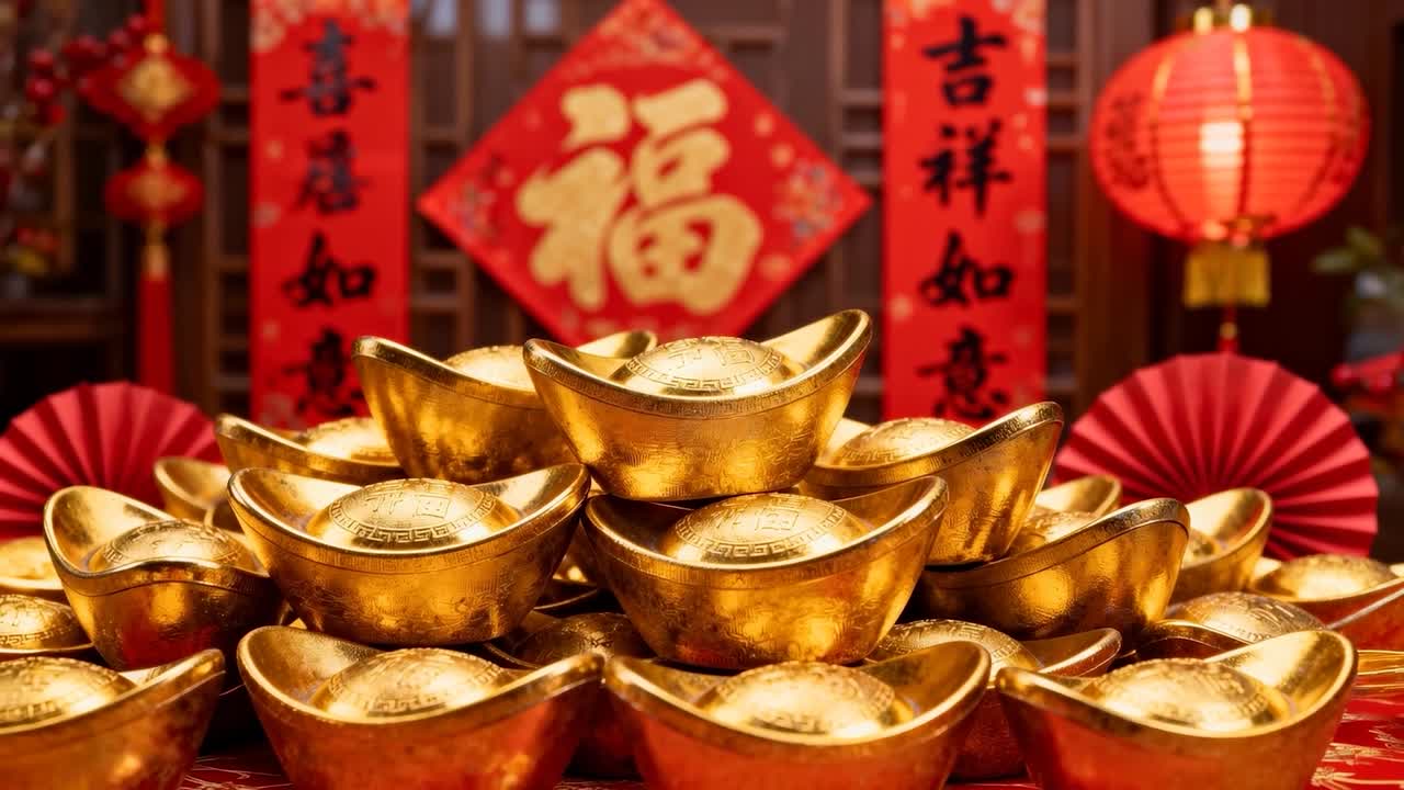 Đẩy góc máy đến gần hơn, tập trung vào chồng thỏi vàng đặt giữa bàn tiệc, làm nổi bật chữ fu