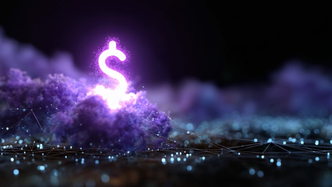 Simbol Mata Uang Digital Ethereal Dikelilingi Awan Berkilauan dan Cahaya Terang, Mewakili Konsep Keuangan Modern dan Inovasi Ekonomi Virtual