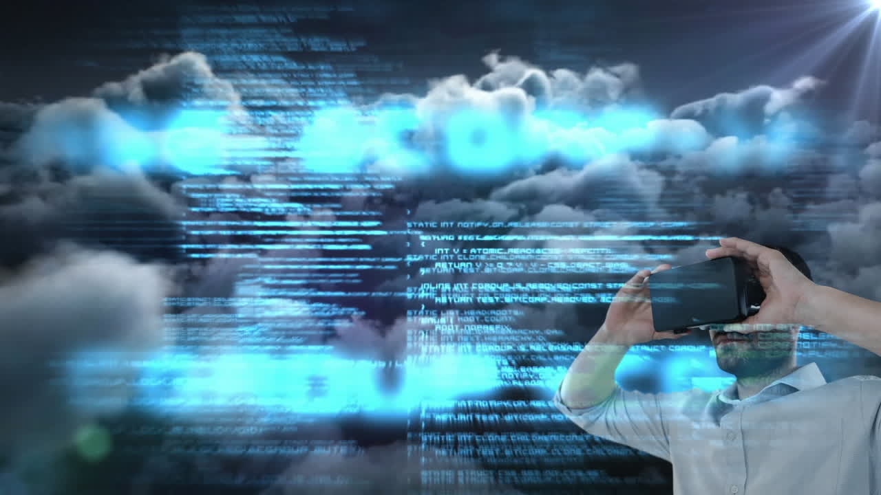 hombre caucásico con auriculares vr sobre el procesamiento de datos contra manchas de nubes claras y oscuras