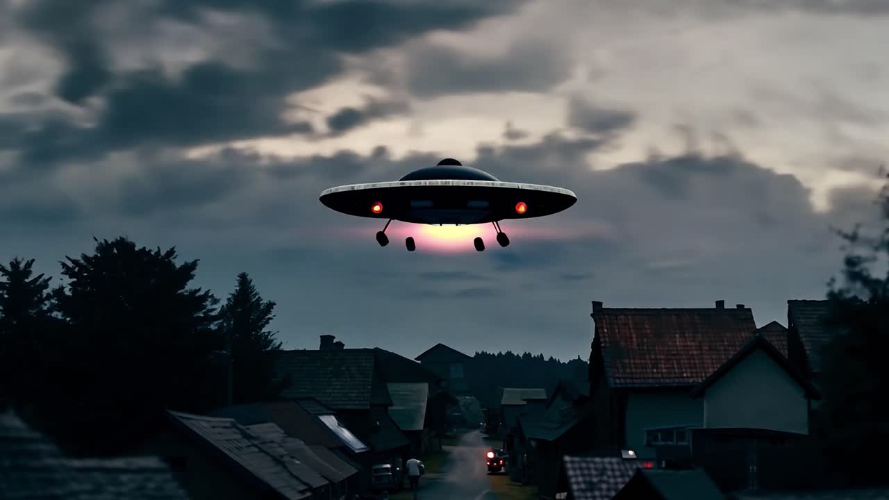 UFO over en by om natten
