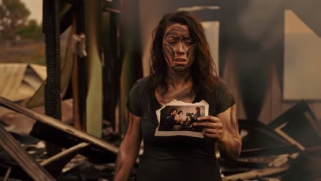 a heartbreaking moment amidst the ruins: a woman clutching a cherished photograph in a devastated scene of loss and despair