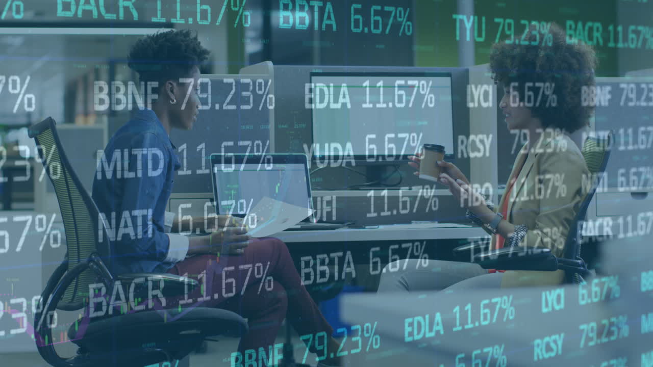 Animation of financial data processing over diverse business people in office
