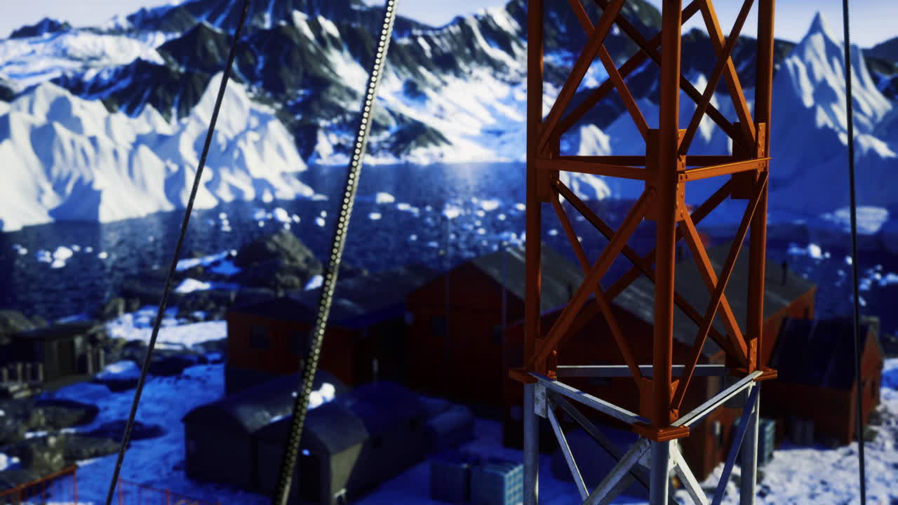 Colorful communication tower stands above icy landscape near research station