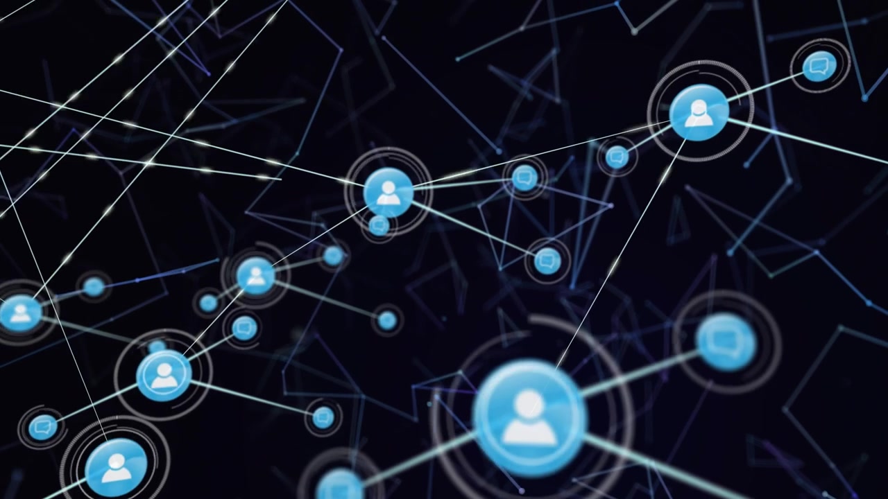 Indledende pulserende blå avatar-node udvider sig og tegner linjer, forbinder noder for at vise netværk.