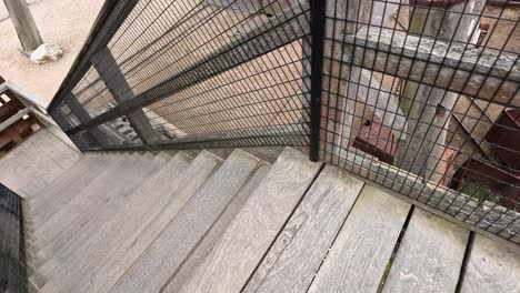 walking down a fenced wooden staircase