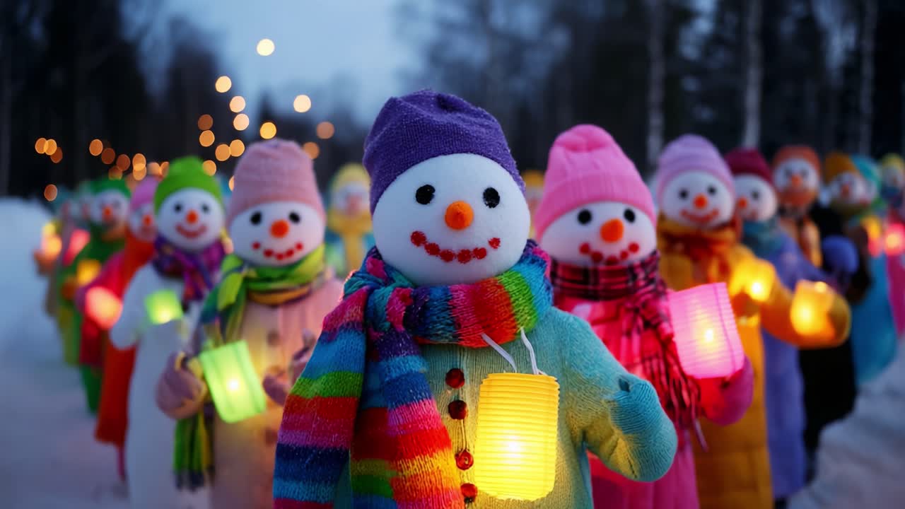 A Magical Winter Evening Featuring Colorful Snowmen Holding Lanterns Illuminating the Snowy Landscape, Creating a Charming Atmosphere Filled with Joy and Holiday Spirit in a Festive Celebration