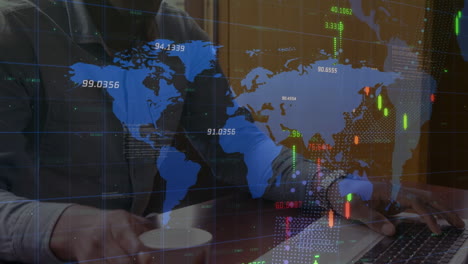 animation of financial data and world map moving over hands of african american man using laptop