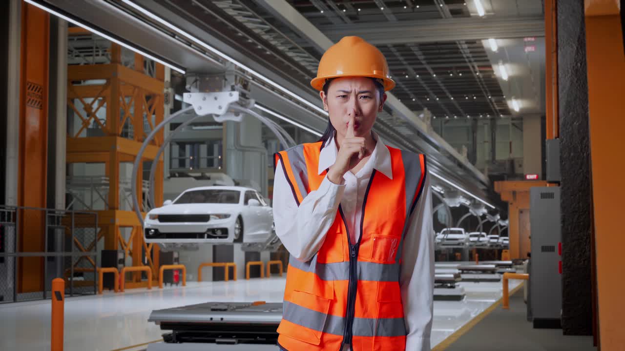 안전 헬을 입은 아시아 여성 엔지니어가 ev 자동차 공장에서 서서 shh 제스처를 하고 있습니다.