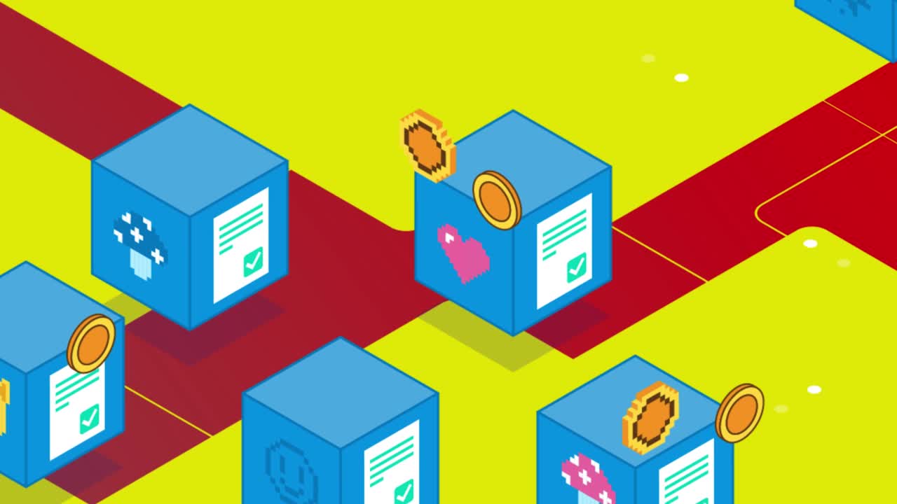 Blue Virtual Blocks NFT CryptoArt Animation. Blockchain Technology. Digital Money Exchange. NFT Metaverse Concept. Abstract Background. 4K