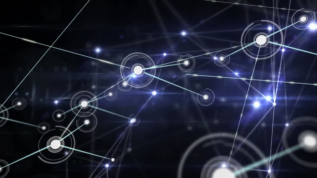 animación de la red de conexiones con iconos sobre fondo negro y violeta