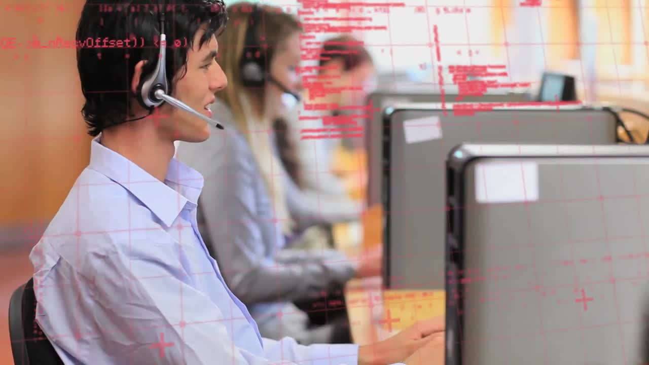 Animation of financial data processing over people wearing phone headsets