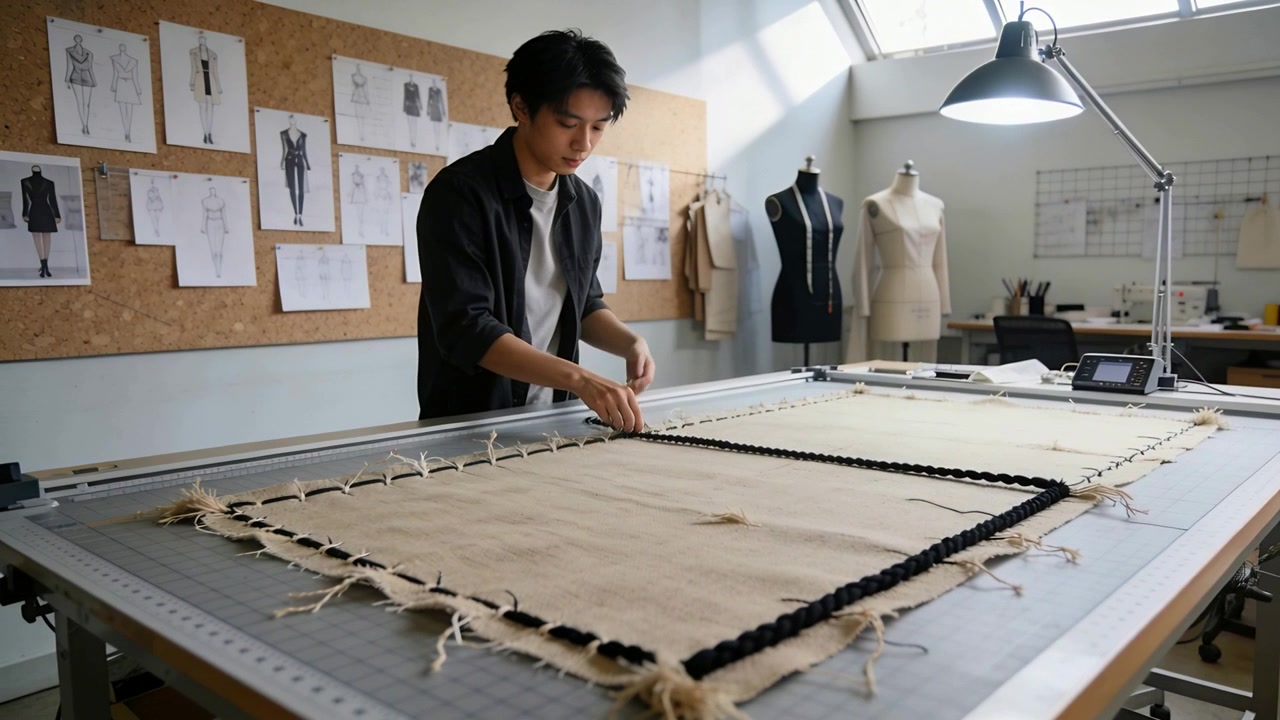 Following pattern marks tailor in dark jacket threading black trim into loops along fabric at table