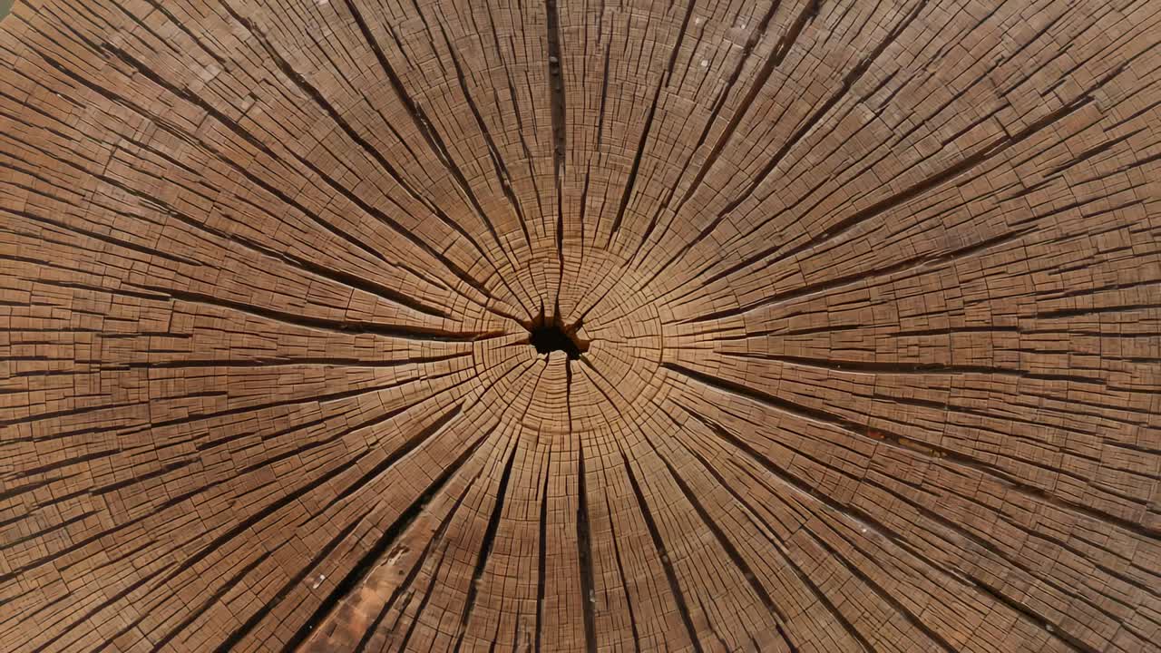 Zooming camera revealing aged log cross-section at overhead close-up showing pith and radial cracks