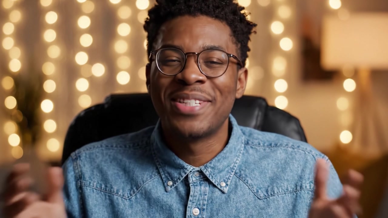 Engaging Young Man in a Denim Shirt Sharing Insights Before a Cozy Backdrop of Soft Lights in a Video Presentation