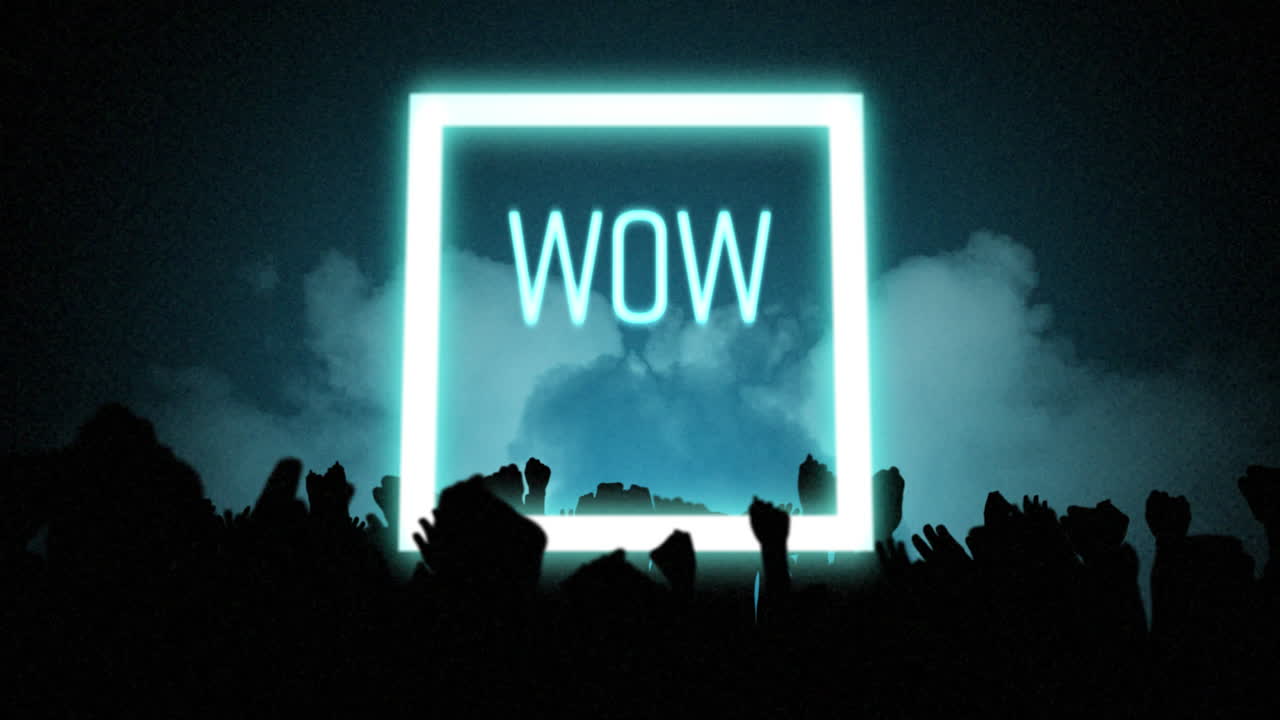 애니메이션 빈티지 비디오 게임 화면에 와우라는 단어가 적혀 있습니다.