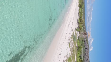 vertical backwards flight showing paradisaical sandy beach with turquoise water in pedernales, dominican republic