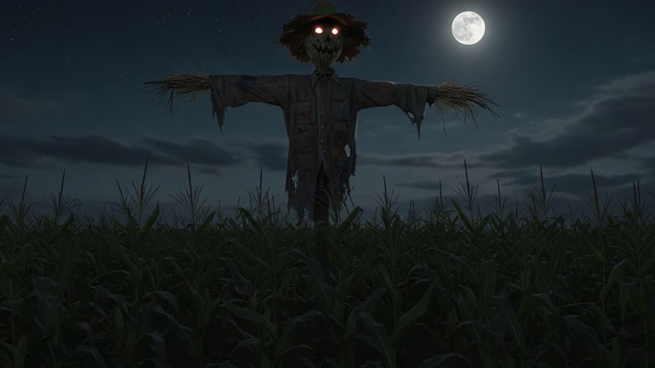 A haunting scene of a scarecrow stands ominously in a field under the bright full moon, evoking a sense of mystery and an eerie atmosphere in the still night