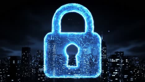 digital lock on cityscape at night