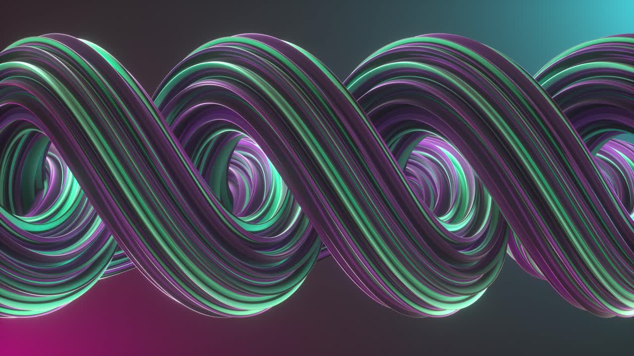 3D animation Of Twisted Colorful blue and purple abstract wave shapes over neon light background