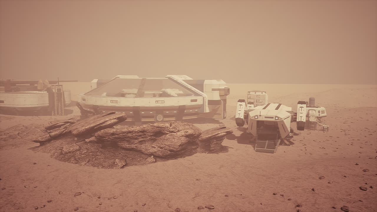 Futuristinen Mars-tukikohta kulkijoilla ja asumismoduulilla