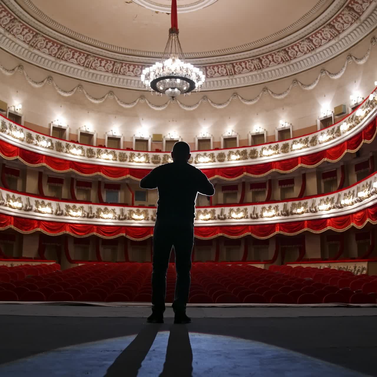 Empty theatre auditorium cinema or conference hall. Actor on stage in front of empty chairs