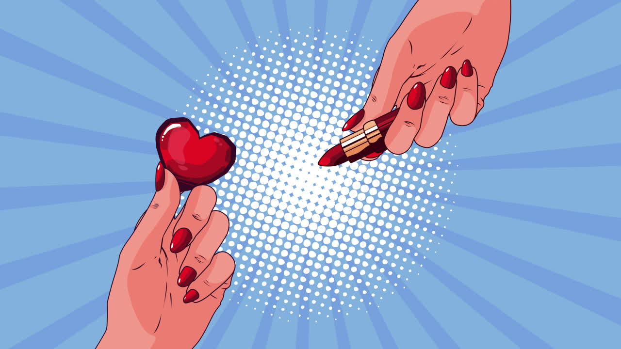 립스틱과 심장을 가진 팝 아트 여성 손