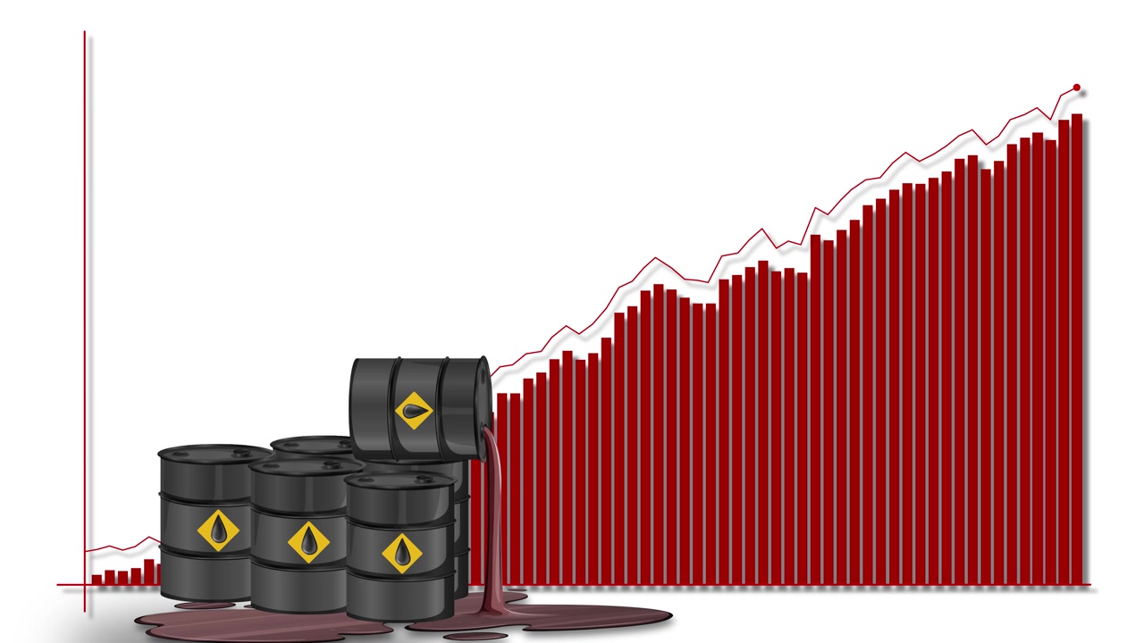 Gráfico de barras vermelho animado crescendo atrás de barris de petróleo pretos vazando em um fundo branco