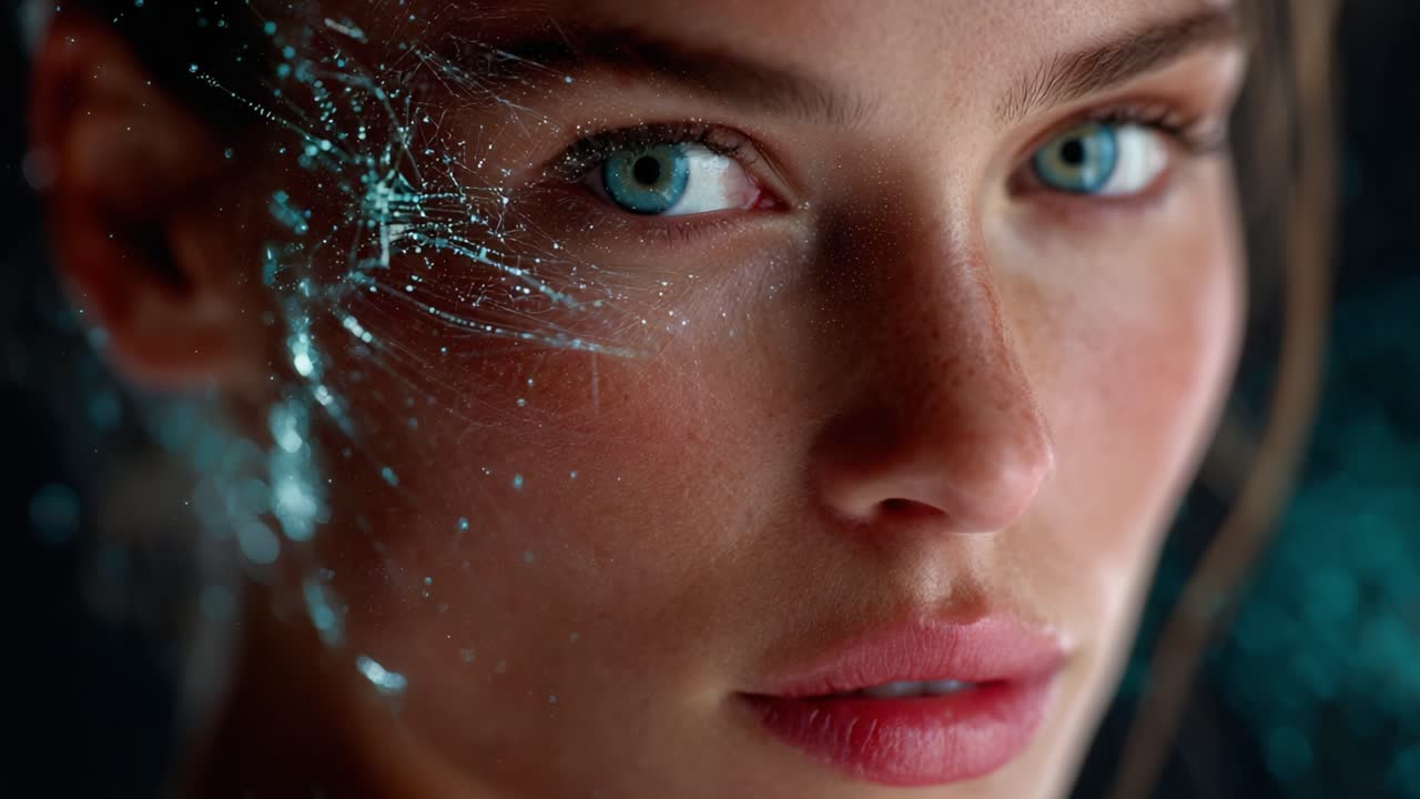A Close-Up Shot of an Intense Female Portrait Highlighting Digital Visual Effects with Intricate Blue-Glowing Patterns Merging with Natural Beauty