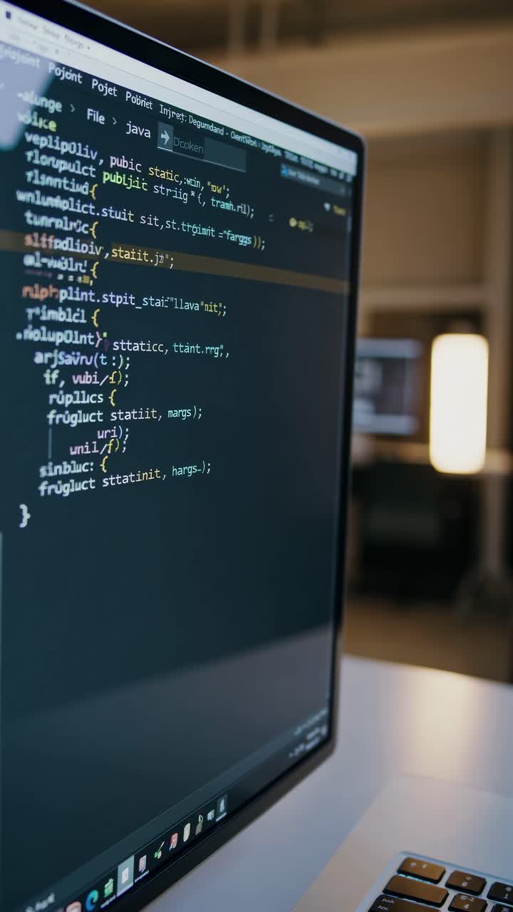 Detailní úhel záběru obrazovky počítače zobrazující kód Java s rozmazaným pozadím