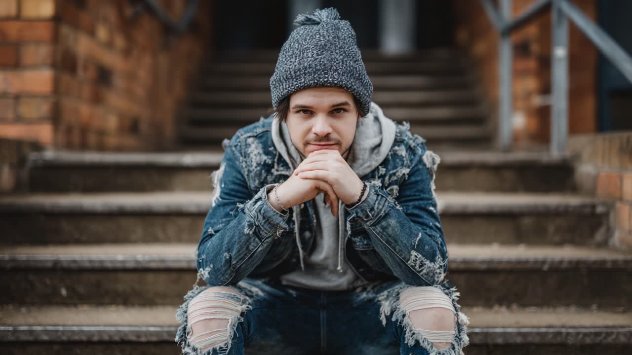 A Young Man Contemplating Life While Sitting on Steps, Dressed in Casual Ripped Denim and Knit Beanie, Exhibiting a Reflective Mood in an Urban Setting