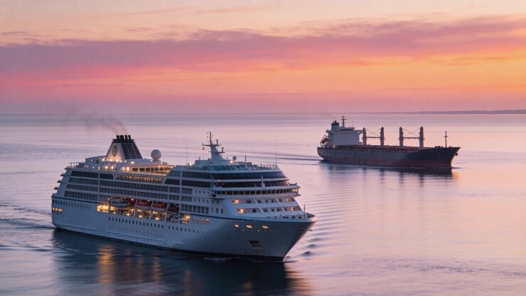 Gliding lit cruise ship heading at sea toward horizon at sunset, cargo freighter right, copy space